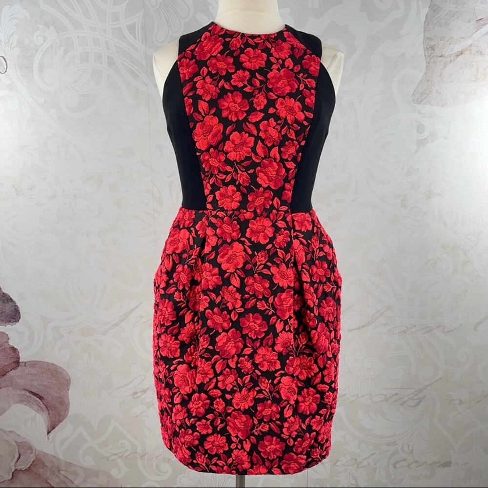 Carmen Marc Valvo red-orange black floral sheath dress Size 14